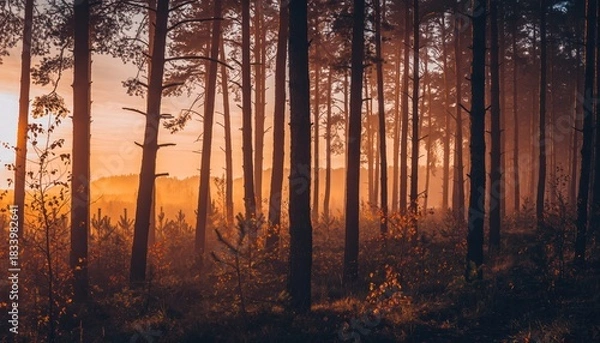 Fototapeta Tall pine trees stand in a forest with a warm orange sunset casting a hazy glow through the mist nature