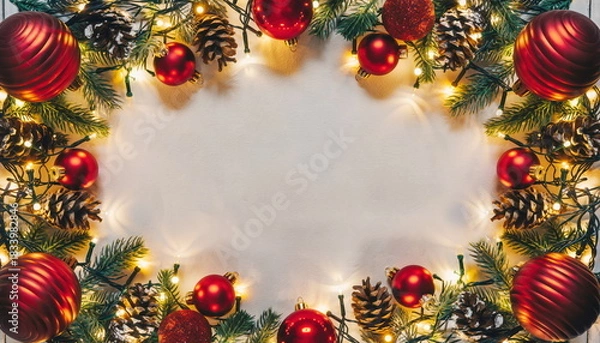 Fototapeta Festive Christmas wreath border with red ornaments pinecones and glowing lights on a light background