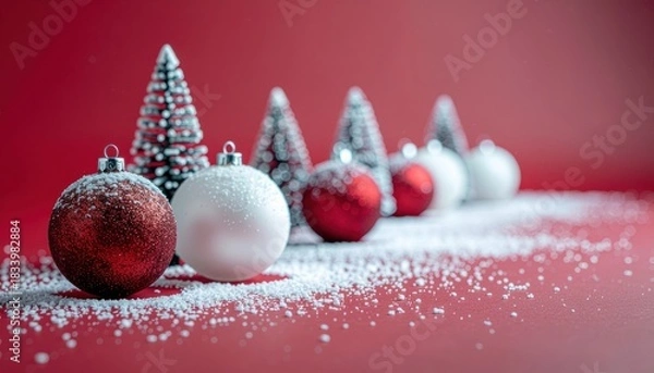 Fototapeta Red and white Christmas ornaments and frosted trees dusted with snow on a red background festive holiday
