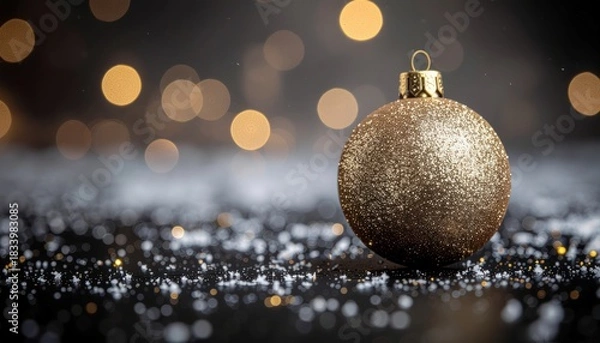 Fototapeta A single glittering gold Christmas ornament rests on a dark surface dusted with snow and soft blurry lights