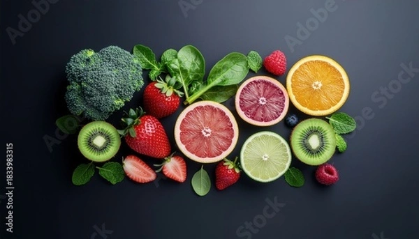 Fototapeta Assorted fresh fruits and vegetables including broccoli strawberries kiwi oranges grapefruit lime spinach blueberries