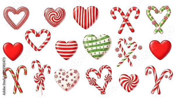 Obraz heart shaped candy canes, Candy canes red clipart set. Candy cane, lollipop and peppermint candy clip art collection with shape and pattern like spiral, stripes, swirl, pine tree, heart and star for C