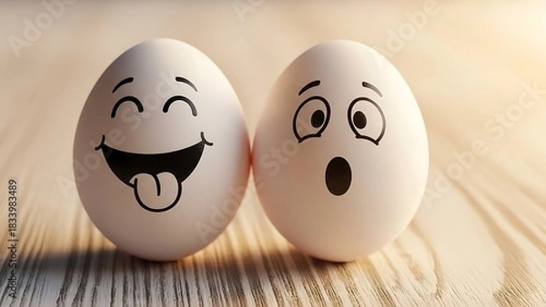 Fototapeta Happy and Surprised: Two Eggs with Cartoon Facial Expressions