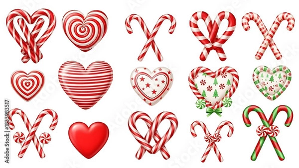 Obraz heart shaped candy canes, Candy canes red clipart set. Candy cane, lollipop and peppermint candy clip art collection with shape and pattern like spiral, stripes, swirl, pine tree, heart and star for C