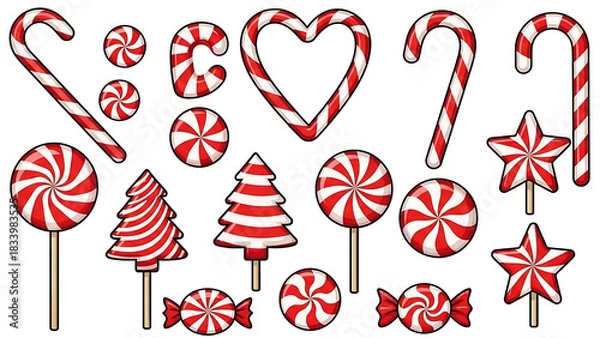Obraz heart shaped candy canes, Candy canes red clipart set. Candy cane, lollipop and peppermint candy clip art collection with shape and pattern like spiral, stripes, swirl, pine tree, heart and star for C