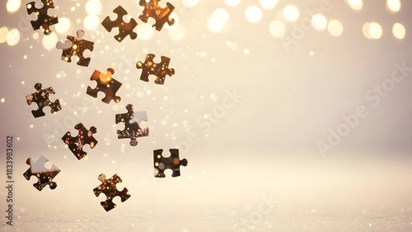 Fototapeta Floating Christmas Puzzle Pieces with Golden Bokeh.