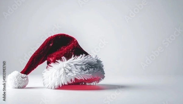 Fototapeta Red plush Santa hat with white trim and pompom rests on a white surface casting a shadow Christmas hat