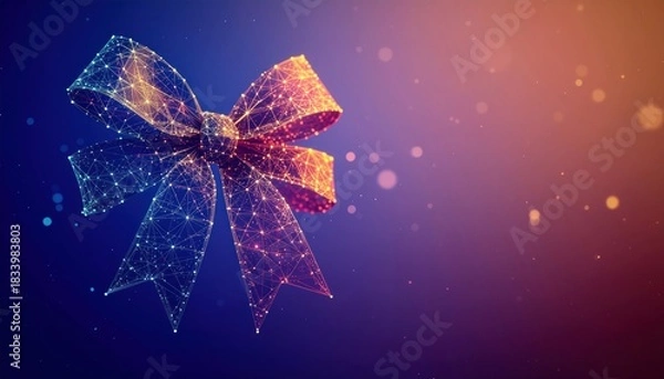 Fototapeta Geometric wireframe bow with glowing particles rendered in a gradient of deep blue and warm orange gift