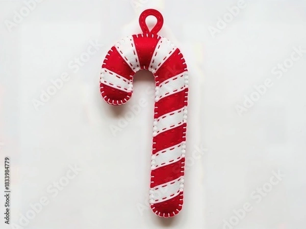 Obraz Whimsical Felt Candy Cane Ornament Red White Striped Hand Stitched Isolated Playful Christmas Decoration
