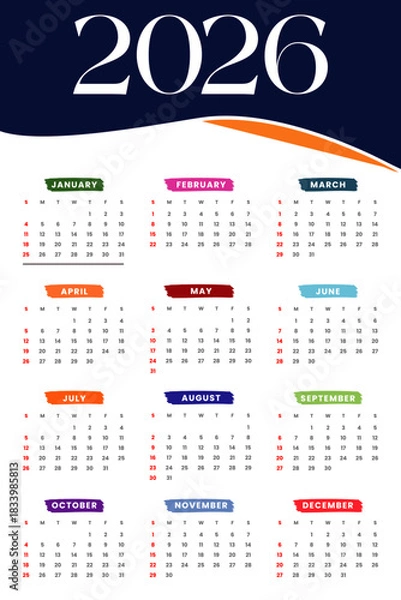 Obraz 2026 calendar. Planner template. Week starts Sunday. Yearly calender organizer layout. Scheduler grid for desk. Monthly diary with 12 month. Vector illustration. Horizontal landscape design