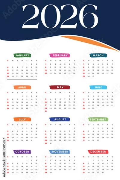 Obraz 2026 calendar. 2026 Planner calender template with 12 month. Symple Layout Illustration. 2026 calendar. Planner template. Week starts Sunday. Yearly calender organizer layout. Scheduler grid for desk.