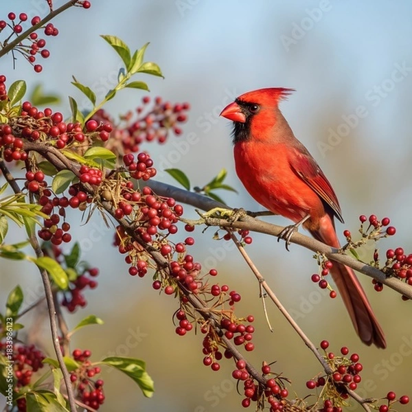 Obraz A bright red cardinal perched in ripe berry-colored flowers, clear with a beautiful background.