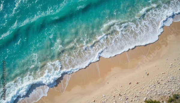 Fototapeta View from above of turquoise ocean waves gently lapping against a white sand beach with seashells all over the place and a colorful coastal scenery