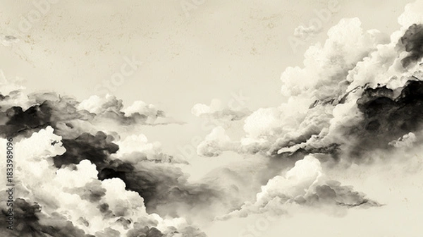 Obraz 水墨画風の雲海と山並みの和風背景素材