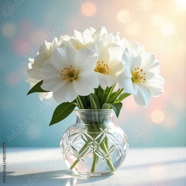 Obraz Delicate white flowers bloom vibrantly in a clear glass vase with soft bokeh lighting