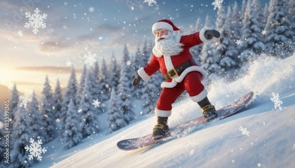Obraz 3D Santa Snowboarding