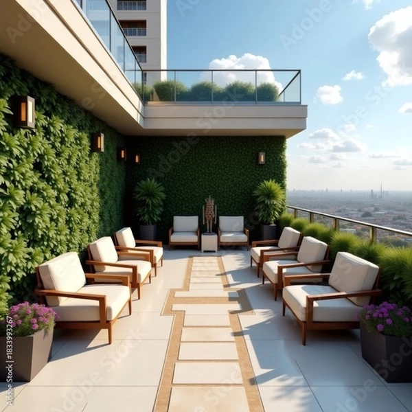 Obraz Luxurious rooftop terrace with plush seating and lush greenery overlooking a serene ocean vista