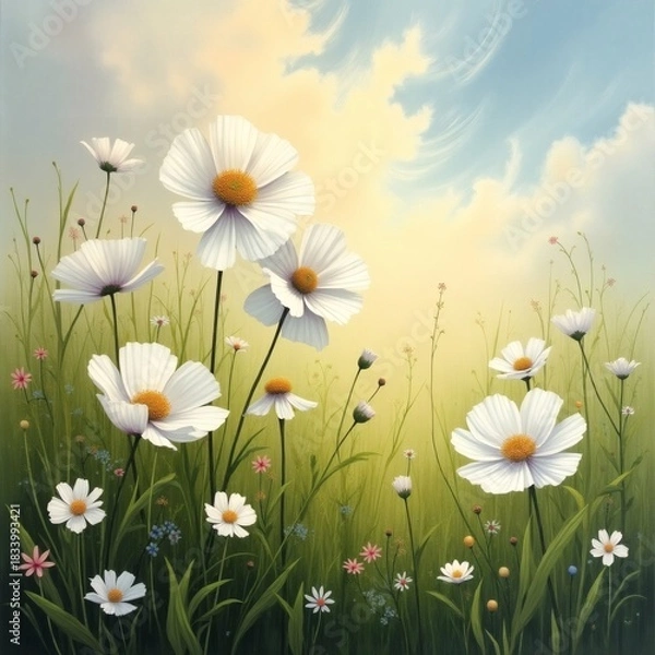 Obraz Delicate white cosmos flowers bloom vibrantly in a sunlit meadow under a soft blue sky