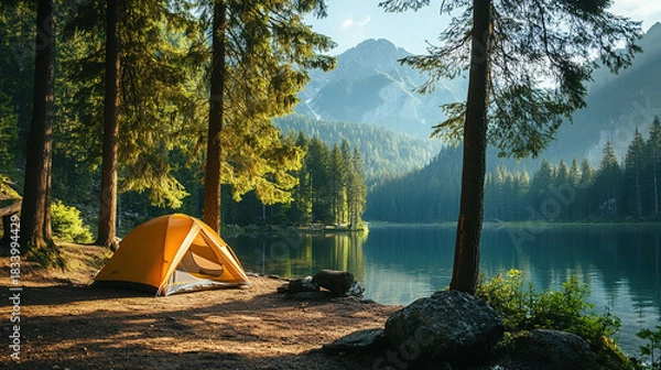 Fototapeta Imagine camping beside the lake in the heart of the forest. What activities and simple joys would make your stay unforgettable?