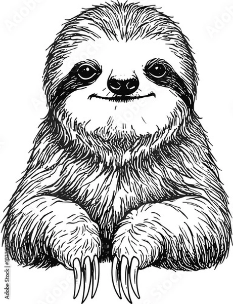 Fototapeta Detailed Hand-Drawn Sloth Illustration – Cute Smiling Sloth Portrait with Claws Wildlife Vector Art on Transparent Background