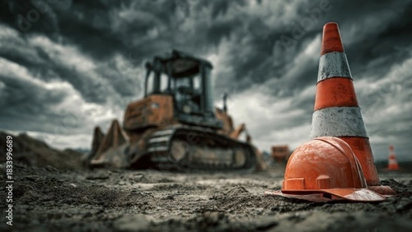Obraz Construction safety focus bulldozer helmet and cone under dramatic cloudy sky at site
