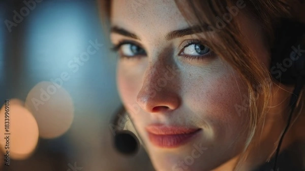 Obraz Focused young woman in headset bright office cinematic closeup portrait smooth bokeh professional environment