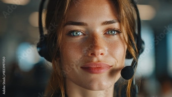 Obraz Confident young woman with headset working in bright office realistic closeup portrait soft lighting