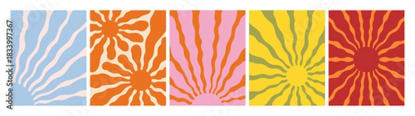 Obraz Groovy Sun Background Bundle with Wavy Abstract Burst. Vector Organic Sunbust Pattern Set. Retro Cute Color Graphic Print. Wavy Shape Posters. Abstract sunburst set with psychedelic ray patterns