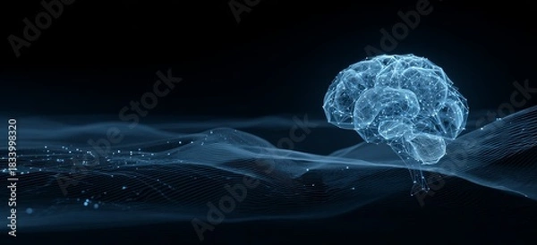 Obraz Blue digital brain with glowing connections floating on abstract wave pattern, symbolizing artificial intelligence technology.