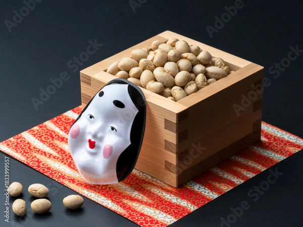 Obraz 節分の福豆とおかめ面を使った和風静物イメージ
