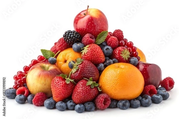 Fototapeta A colorful heap of fresh fruits and plump berries on a bright white background, highlighting rich textures perfect for wellness and nutrition themes.