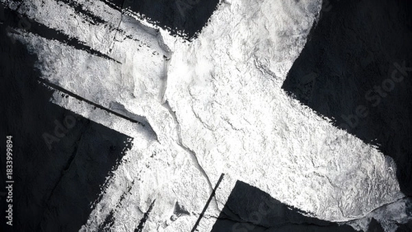 Fototapeta Abstract monochrome textured artwork featuring a dynamic cross shape with bold lines and stark contrast against a dark background