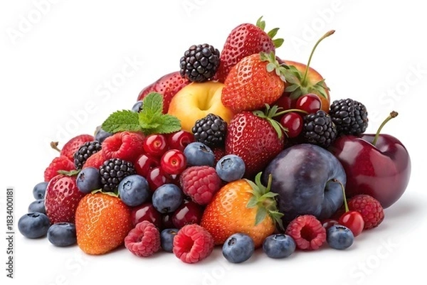 Fototapeta A colorful heap of fresh fruits and plump berries on a bright white background, highlighting rich textures perfect for wellness and nutrition themes.