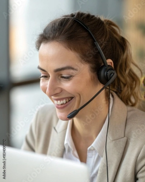 Obraz Engaging video call with female executive modern office professional interaction bright lighting authentic expression