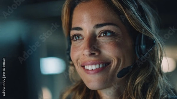 Obraz Video call interaction of female executive in modern workplace authentic expression natural lighting closeup view