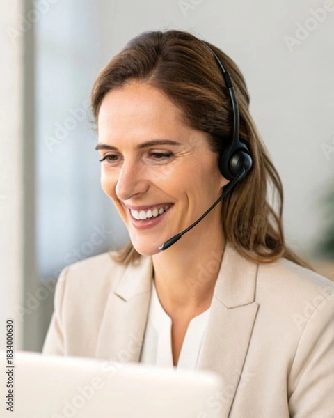 Obraz Female executive engaging in video call modern workplace closeup shot bright lighting authentic expression