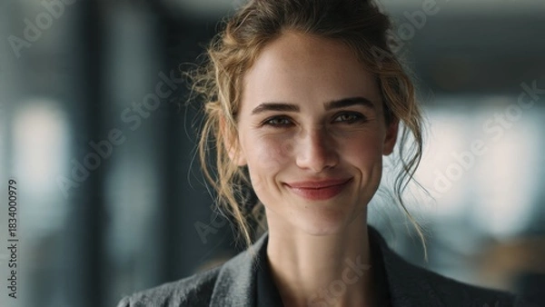 Obraz Confident businesswoman smiling in modern office soft natural light closeup portrait professional environment