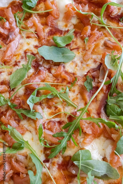 Obraz Pizza with smoked salmon, mozzarella, and arugula