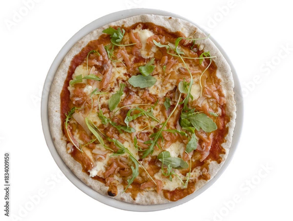 Obraz Delicious pizza with salmon, mozzarella and arugula