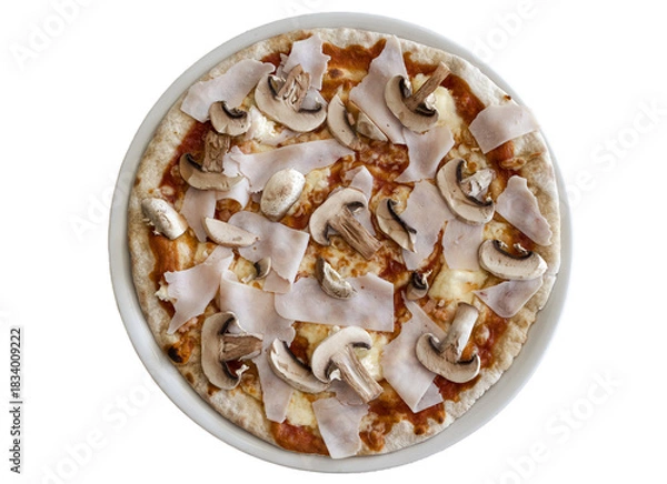 Obraz Pizza with ham and mushrooms top view