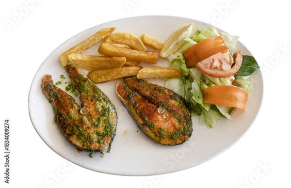 Obraz Grilled salmon portions with fries and fresh salad
