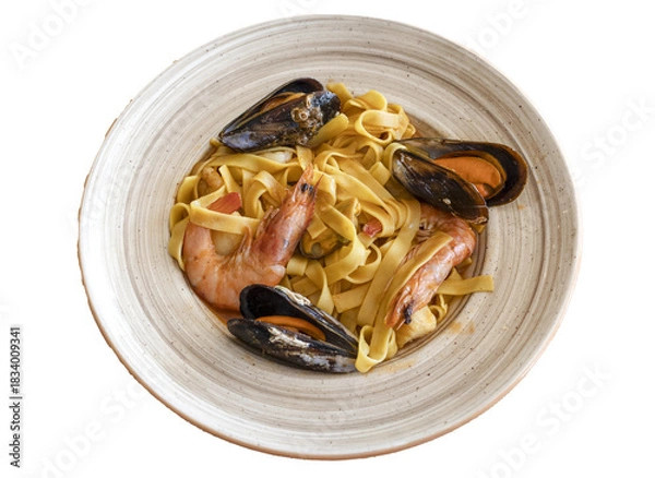 Obraz Seafood pasta with shrimp and mussels on plate