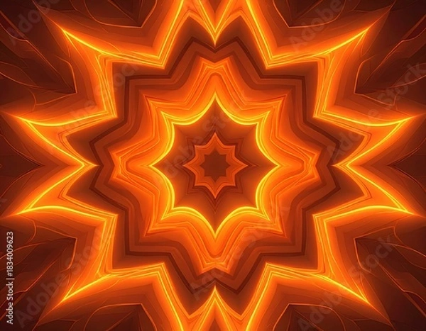Fototapeta Symmetrical, fiery, star-like geometric pattern with radiating glow