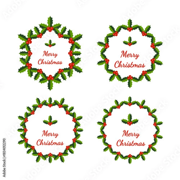 Fototapeta Christmas Holly Berry Leaf Wreath, Realistic Christmas Tree Wreath, Pine branch border