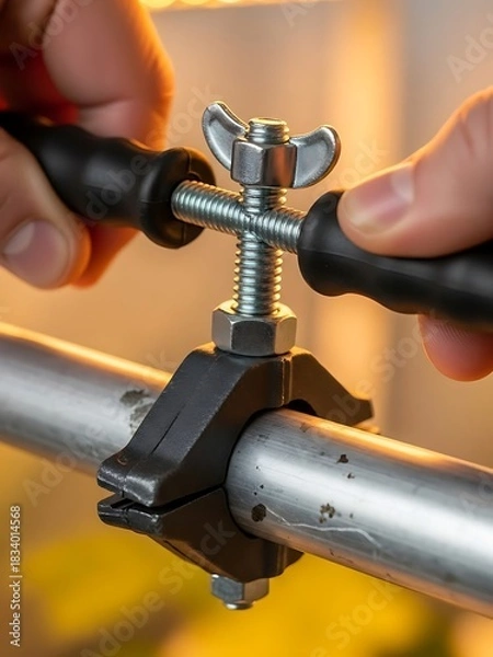 Obraz Close-up of hands adjusting a metal clamp on a bar for secure fastening