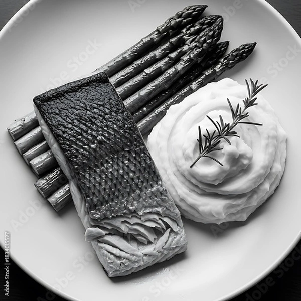 Obraz Elegant monochrome plated fish fillet dish with asparagus and creamy sauce