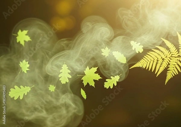 Obraz Fern frond and floating autumn leaves dancing with misty ambiance design