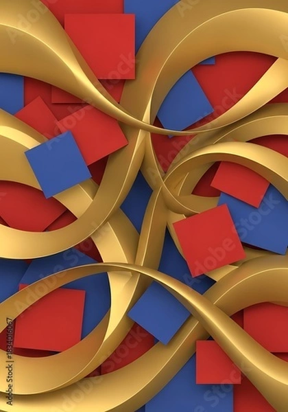 Obraz Golden ribbons amidst vibrant squares creating an abstract design