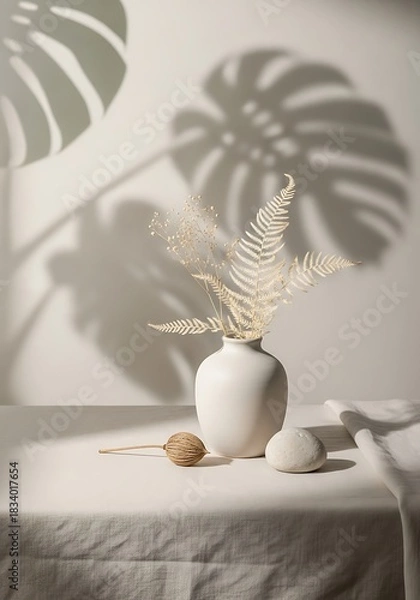 Obraz Minimalist still life of dried foliage in vase casting dramatic leaf shadows