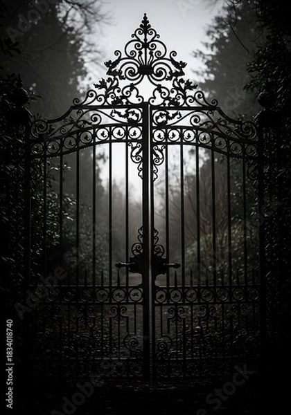 Obraz Ornamental Iron Gate leading into the Dark Forest on a Misty Day